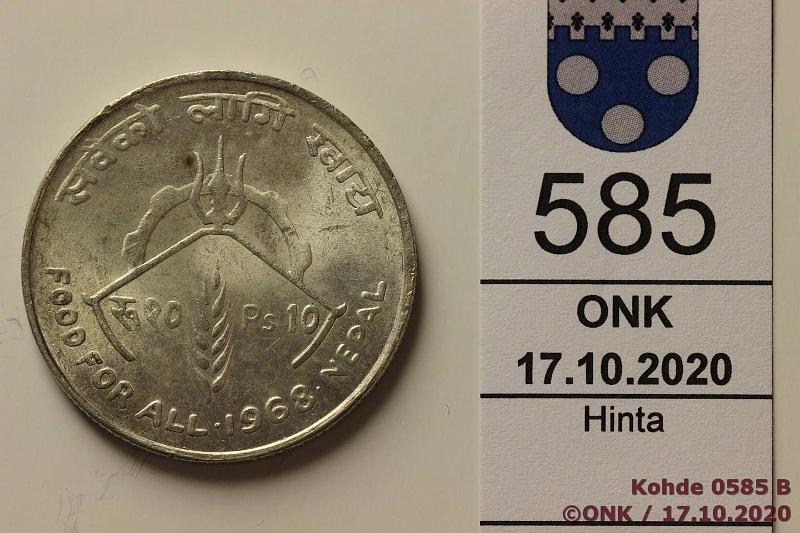 k-0585-b.jpg - Kohde 585 (kuva 2/2), lhthinta: 10 € / myyntihinta: 10 € Nepal 10 rupee 1968 KM#794 Ag, 15,6g/600, F.A.O., kunto: 7