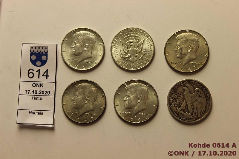 k-0614-a.jpg - Kohde 614, lhthinta: 8 € / myyntihinta: 11 € USA  $ (5) 1934-69 Ag, half dollar 1934s(reik), -64(2), -67, -69D. Hopeaa tot. 45,25g, kunto: 4-9