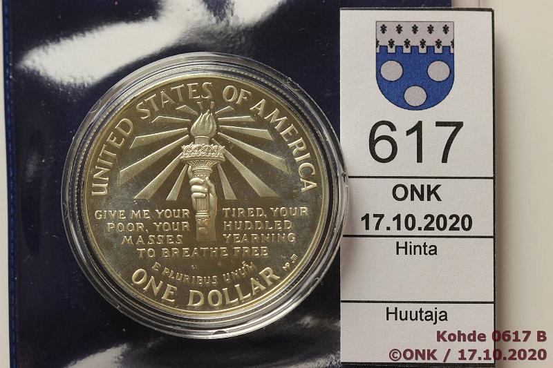 k-0617-b.jpg - Kohde 617 (kuva 2/2), lhthinta: 10 € / myyntihinta: 16 € USA 1 $ 1986 KM#214 Ag, Proof, 26,73g/900, Statue of Liberty, kaps, kotelo, kunto: 10