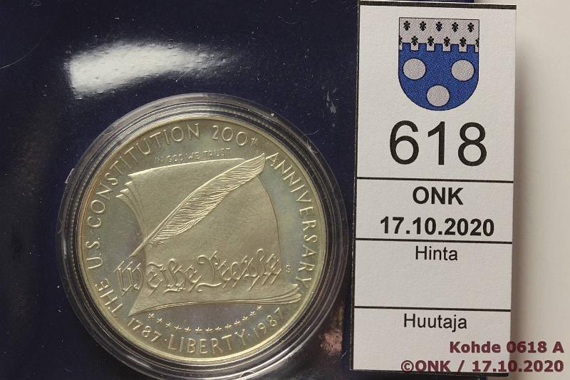 k-0618-a.jpg - Kohde 618 (kuva 1/2), lhthinta: 10 € / myyntihinta: 15 € USA 1 $ 1987 KM#220 Ag, Proof, 26,73g/900, Constitution, kaps, kotelo, kunto: 10