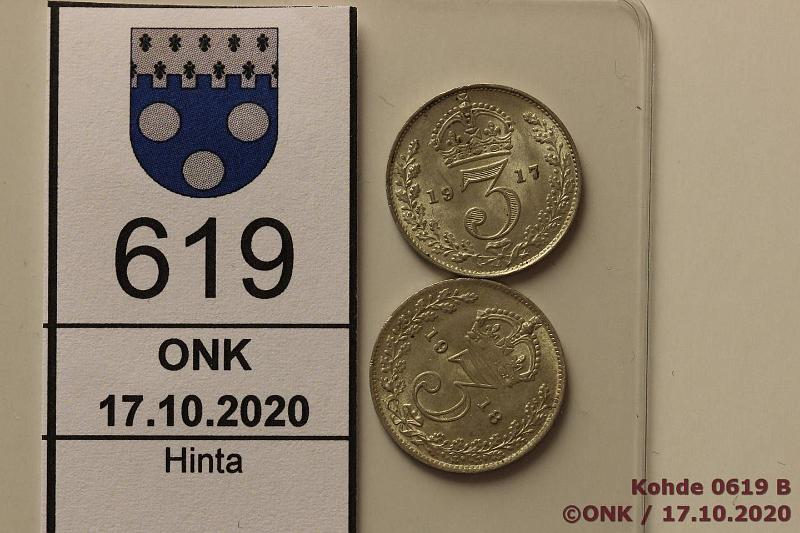 k-0619-b.jpg - Kohde 619 (kuva 2/2), lhthinta: 5 € / myyntihinta: 13 € UK 3 pence (2) 1917, -18 KM#813 Ag, 1,41g/925. Vanhojen merkintjen mukaan ns. Maundy set. Prooflike-lyntej, lyty vain 1237 ja 1375 kpl (MDS 176 ja 177). 1917 meistihalkeama ja hieman patinaa, kunto: 9