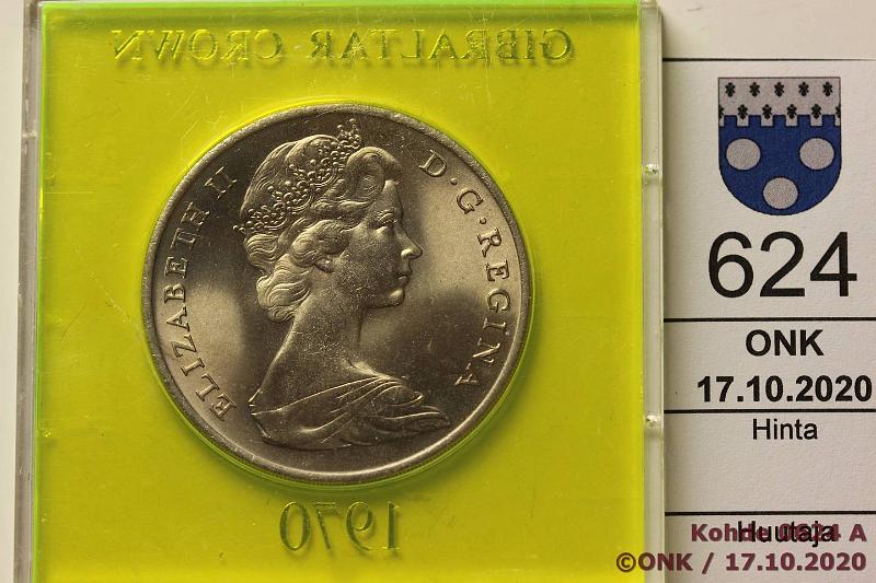 k-0624-a.jpg - Kohde 624 (kuva 1/2), lhthinta: 5 € / ei tarjouksia Gibraltar 1 crown 1970 KM#4 CuNi, muovikotelossa, kunto: 9