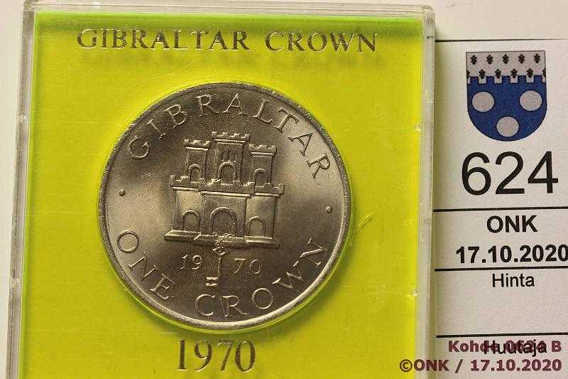 k-0624-b.jpg - Kohde 624 (kuva 2/2), lhthinta: 5 € / ei tarjouksia Gibraltar 1 crown 1970 KM#4 CuNi, muovikotelossa, kunto: 9