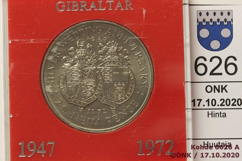 k-0626-a.jpg - Kohde 626, lhthinta: 5 € / ei tarjouksia Gibraltar 25 new pence 1972 KM#6 CuNi, Silver Wedding, muovikotelossa, kunto: 9