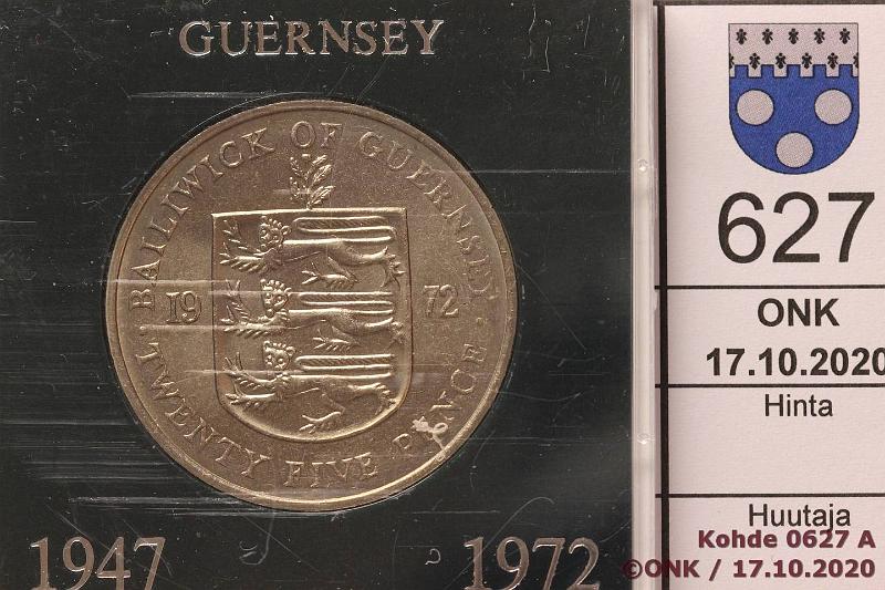 k-0627-a.jpg - Kohde 627 (kuva 1/2), lhthinta: 5 € / ei tarjouksia Guernsey 25 pence 1972 KM#26 CuNi, Silver Wedding, muovikotelossa, kunto: 9