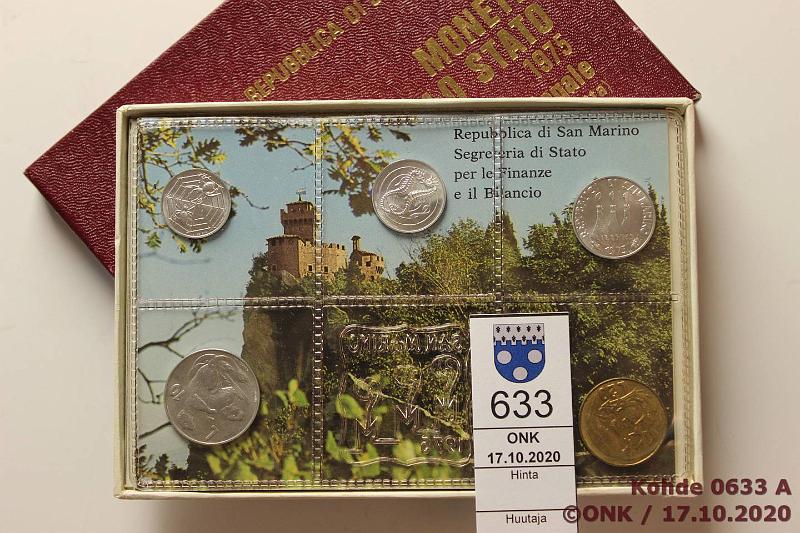 k-0633-a.jpg - Kohde 633, lhthinta: 5 € / myyntihinta: 5 € San Marino 1 - 20 lire (5) 1975 Vuosisarja pahvikansiossa: 1, 2, 5, 10 ja 20l, kunto: 9