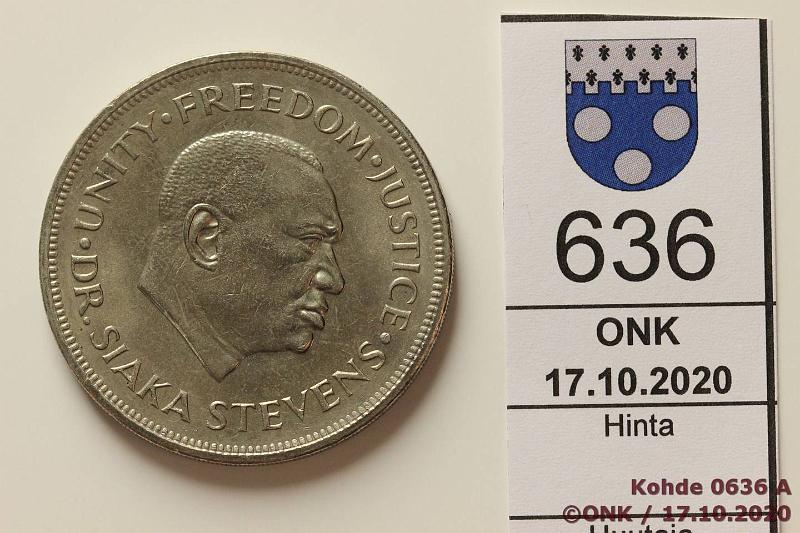 k-0636-a.jpg - Kohde 636 (kuva 1/2), lhthinta: 5 € / ei tarjouksia Sierra Leone 1 leone 1974 KM#26 CuNi, Bank Anniversary, kunto: 9