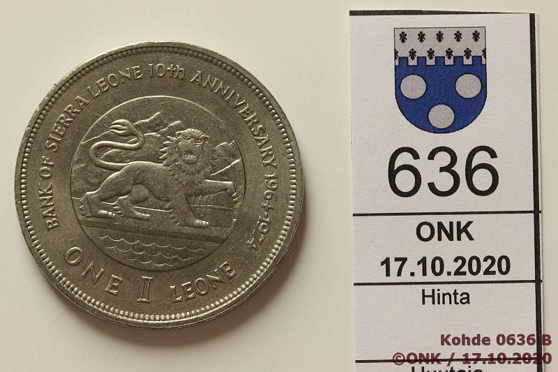 k-0636-b.jpg - Kohde 636 (kuva 2/2), lhthinta: 5 € / ei tarjouksia Sierra Leone 1 leone 1974 KM#26 CuNi, Bank Anniversary, kunto: 9