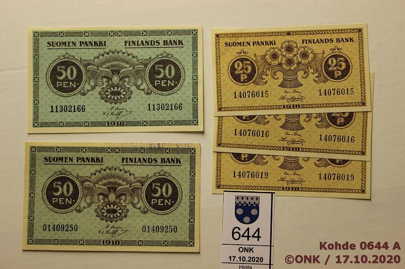 k-0644-a.jpg - Kohde 644, lhthinta: 10 € / myyntihinta: 16 € 25 + 50 p 1918 (5) SNY 103, 105, 25p COL-His (3), lhekkiset n:ot; 50p (2), toisessa ptahra, kunto: 7-8