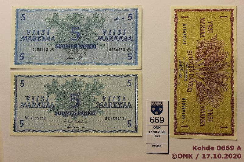 k-0669-a.jpg - Kohde 669, lhthinta: 5 € / myyntihinta: 5 € 1 + 5 mk 1963 (3) 1mk 1963 AI..SIM-Luu; 5mk 1963 AC..HET-Tam; 5mk 1963 LA I0286232* UUS-Nar, korvaava, kunto: 4-5