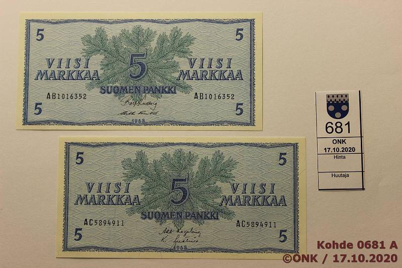 k-0681-a.jpg - Kohde 681, lhthinta: 10 € / myyntihinta: 10 € 5 mk 1963 (2) SNY 135.1a AB..KU I-Pu1 klemmarin painauma, AC..KA I-Ign, painaumia, harv ak-pari (v). Ei taitteita, kunto: 9