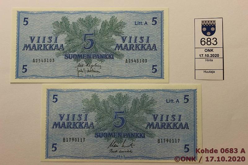 k-0683-a.jpg - Kohde 683, lhthinta: 5 € / ei tarjouksia 5 mk 1963 LA SNY 135.3a A2543103 KA I-Vou, B1790117 KO II-Ko1, painumia, kunto: 8, 9