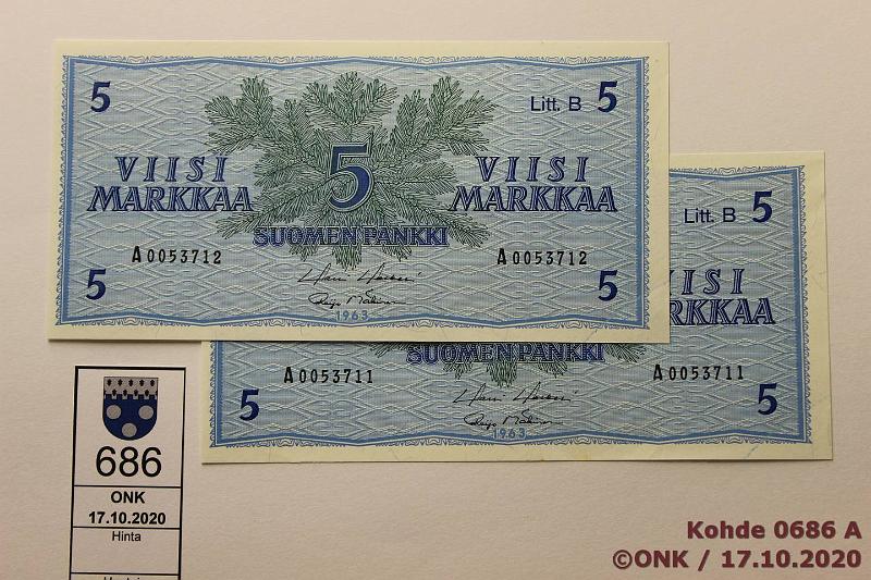 k-0686-a.jpg - Kohde 686, lhthinta: 5 € / ei tarjouksia 5 mk 1963 LB (2) SNY 135.5 A0053711-2 HOL-M1, painomustekaari nurkassa, painumia, ei taitteita, kunto: 8