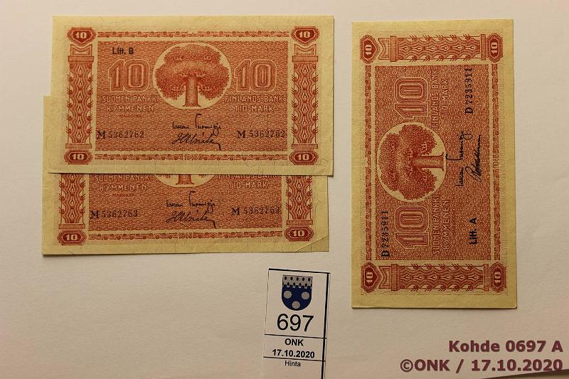 k-0697-a.jpg - Kohde 697, lhthinta: 10 € / myyntihinta: 20 € 10 mk 1945 (3) SNY 145.1-2 LA D..TUO-Wah, LB M..TUO-Als, 2 perk., kunto: 6-7