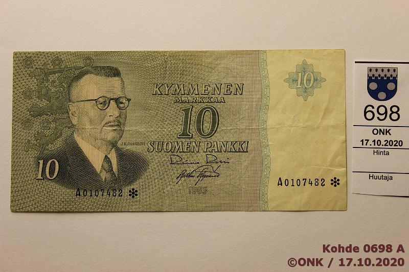 k-0698-a.jpg - Kohde 698 (kuva 1/2), lhthinta: 75 € / myyntihinta: 75 € 10 mk 1963 A* SNY 146.4 A0107482 RO I-AAs, vl 2, korvaava, kunto: 5