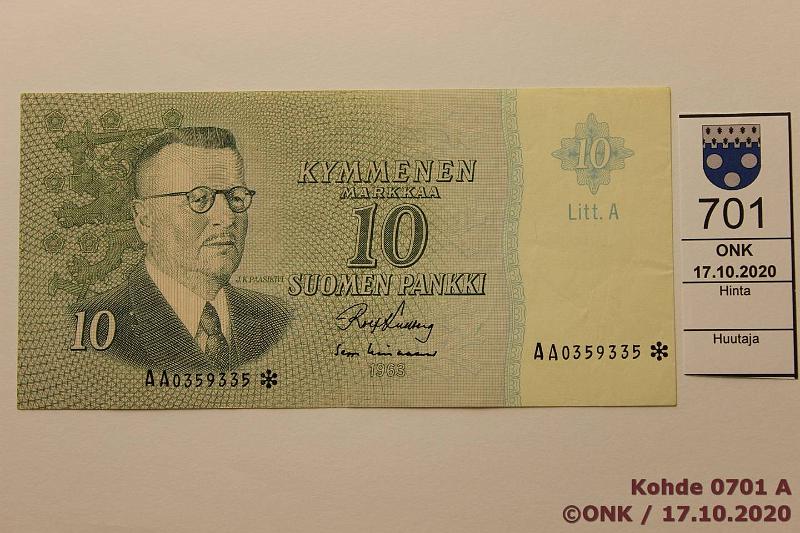 k-0701-a.jpg - Kohde 701, lhthinta: 10 € / myyntihinta: 10 € 10 mk 1963 LA AA* SNY 146.7 AA0359335* KU I-Lin, korvaava, kunto: 5