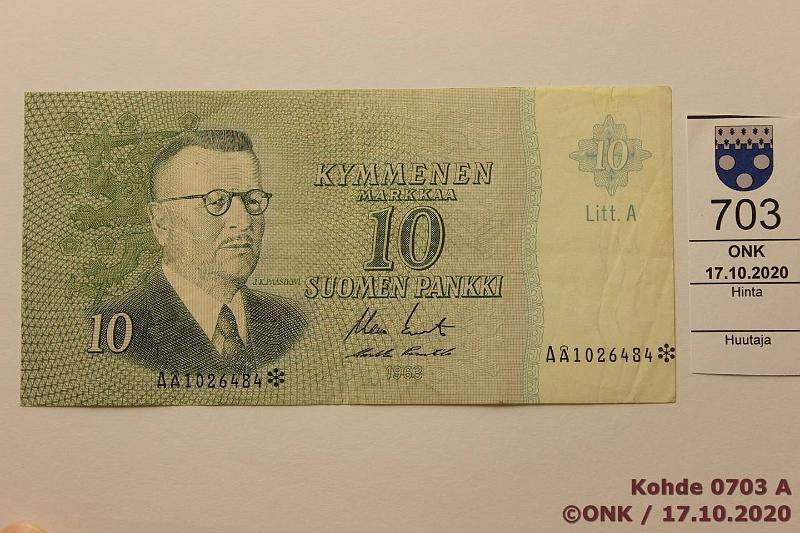 k-0703-a.jpg - Kohde 703, lhthinta: 5 € / myyntihinta: 5 € 10 mk 1963 LA A* SNY 146.7 A1026484* KO II-Pu1, korvaava, kunto: 5