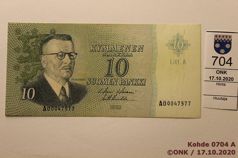 k-0704-a.jpg - Kohde 704 (kuva 1/2), lhthinta: 200 € / ei tarjouksia 10 mk 1963 LA A SNY 146.8 A0047577 HOL-Luu, harv korvaava, voimakas vesileima, kunto: 8