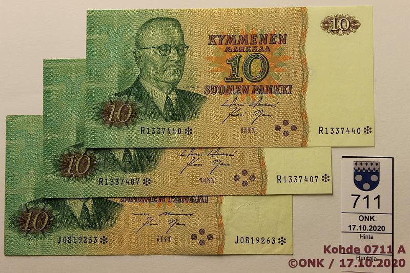 k-0711-a.jpg - Kohde 711, lhthinta: 10 € / myyntihinta: 10 € 10 mk 1980 J*, R* (3) SNY 147.2 J* ALE-Nar; R* HOL-Nar (2), korvaavia, kunto: 4,8,9