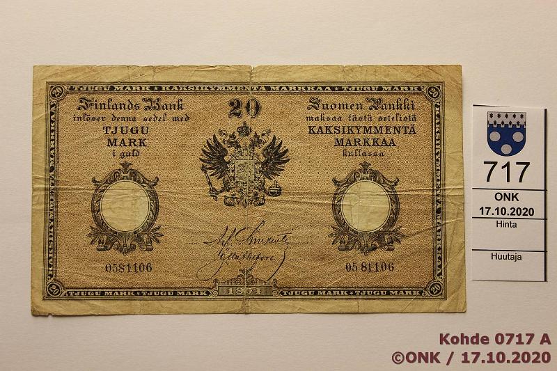 k-0717-a.jpg - Kohde 717 (kuva 1/2), lhthinta: 125 € / myyntihinta: 125 € 20 mk 1894 SNY 153.2 0581106 Charpentier-Ahlfors, rep, kunto: 3