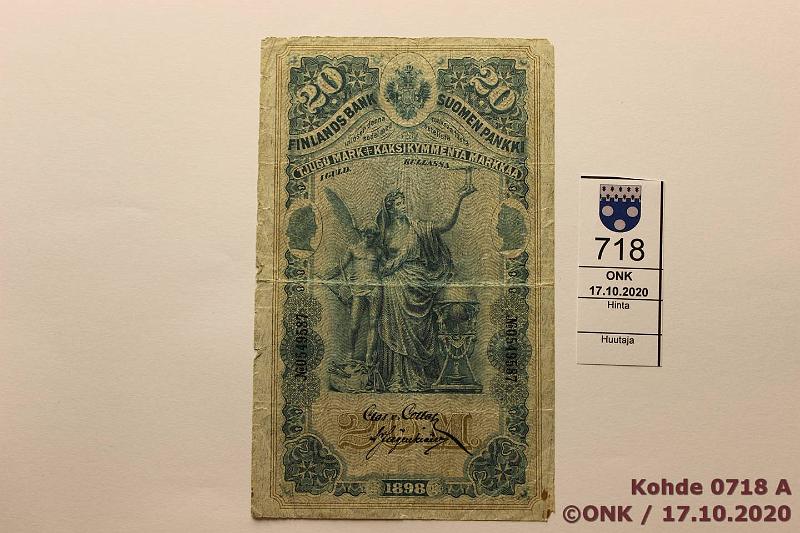 k-0718-a.jpg - Kohde 718 (kuva 1/2), lhthinta: 50 € / ei tarjouksia 20 mk 1898 SNY 154.1 0549587 Collan-Jgerskild, rep, reunarosoa, tahroja, kunto: 3