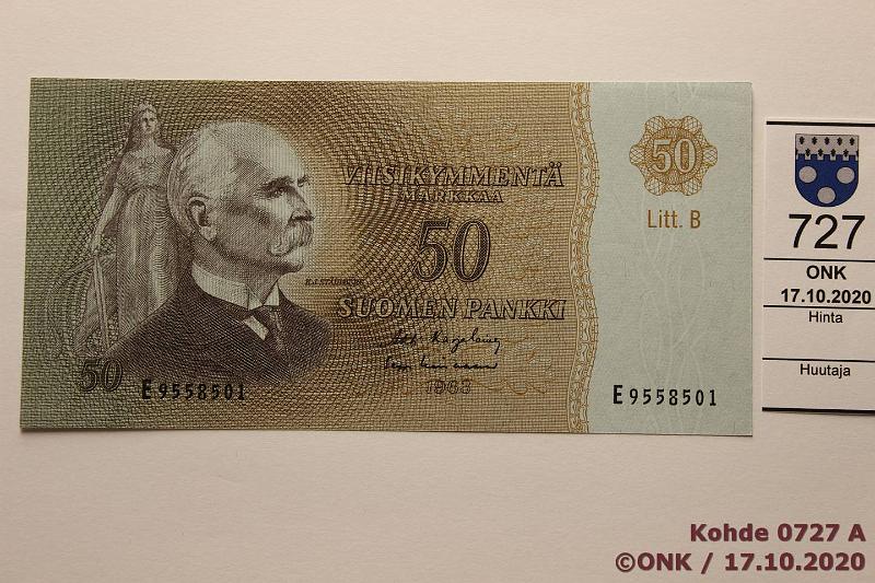 k-0727-a.jpg - Kohde 727 (kuva 1/2), lhthinta: 20 € / myyntihinta: 20 € 50 mk 1963 LB SNY 170.5 E9558501 KA I-Lin, lainetta, ei taitoksia, kunto: 8