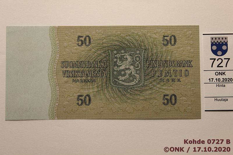 k-0727-b.jpg - Kohde 727 (kuva 2/2), lhthinta: 20 € / myyntihinta: 20 € 50 mk 1963 LB SNY 170.5 E9558501 KA I-Lin, lainetta, ei taitoksia, kunto: 8