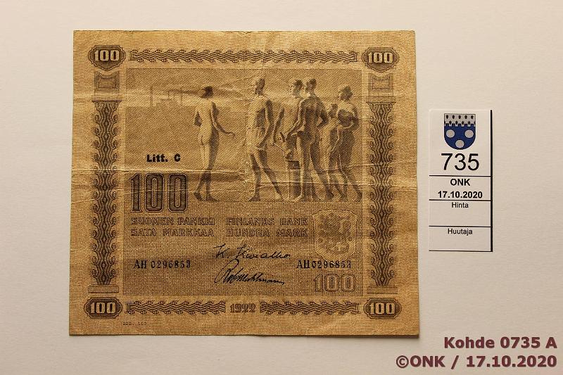 k-0735-a.jpg - Kohde 735 (kuva 1/2), lhthinta: 10 € / ei tarjouksia 100 mk 1922 LC SNY 178.5 AH0296853 KIV-Wah, pieni keskireik, kunto: 3