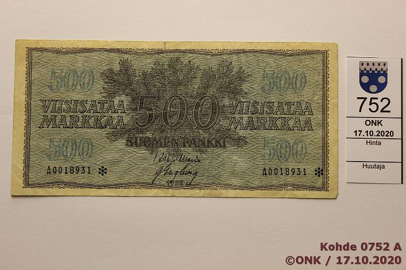 k-0752-a.jpg - Kohde 752 (kuva 1/2), lhthinta: 180 € / ei tarjouksia 500 mk 1955 A* SNY 191.2 A0018931* WAR-Eng, rep, pehme, korvaava, kunto: 3