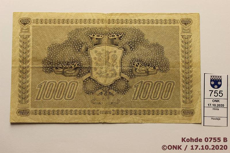 k-0755-b.jpg - Kohde 755 (kuva 2/2), lhthinta: 50 € / myyntihinta: 50 € 1000 mk 1922 LC tI SNY 197.4 C481296 RYT-Wah, pkeskireik, eprep, kunto: 4