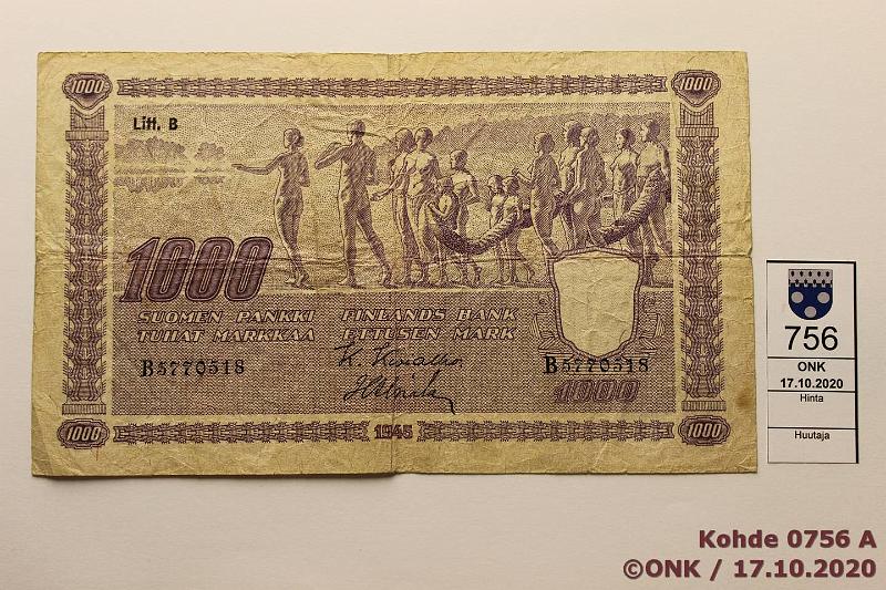 k-0756-a.jpg - Kohde 756, lhthinta: 20 € / myyntihinta: 24 € 1000 mk 1945 LB SNY 199.3 B5770518 KIV-Als, eprep, keskireik, tahra, kunto: 3