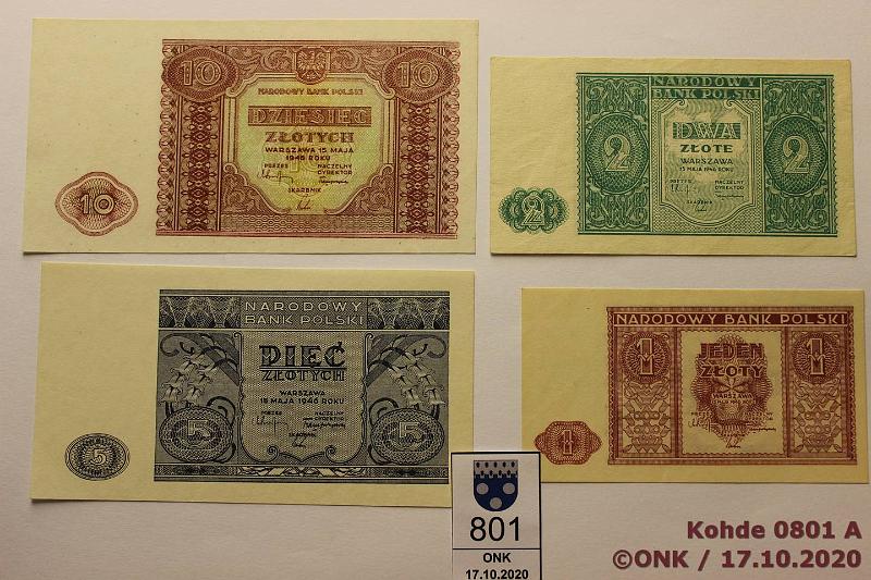 k-0801-a.jpg - Kohde 801 (kuva 1/2), lhthinta: 75 € / myyntihinta: 78 € Puola 1 - 10 zloty (4) 1946 P#123-126 1, 2, 5 ja 10z, kunto: 9, 6, 9, 8