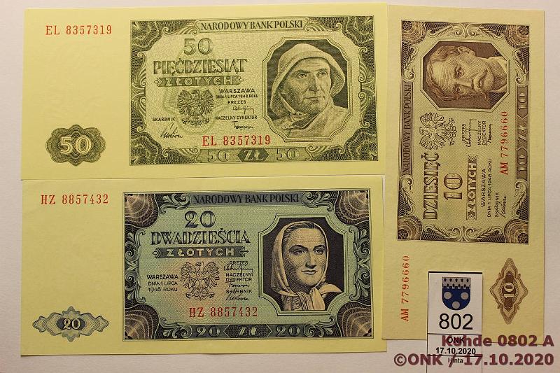 k-0802-a.jpg - Kohde 802, lhthinta: 75 € / myyntihinta: 76 € Puola 10 - 50 zloty (3) 1948 P#136-138 10, 20 ja 50z, kunto: 8-9