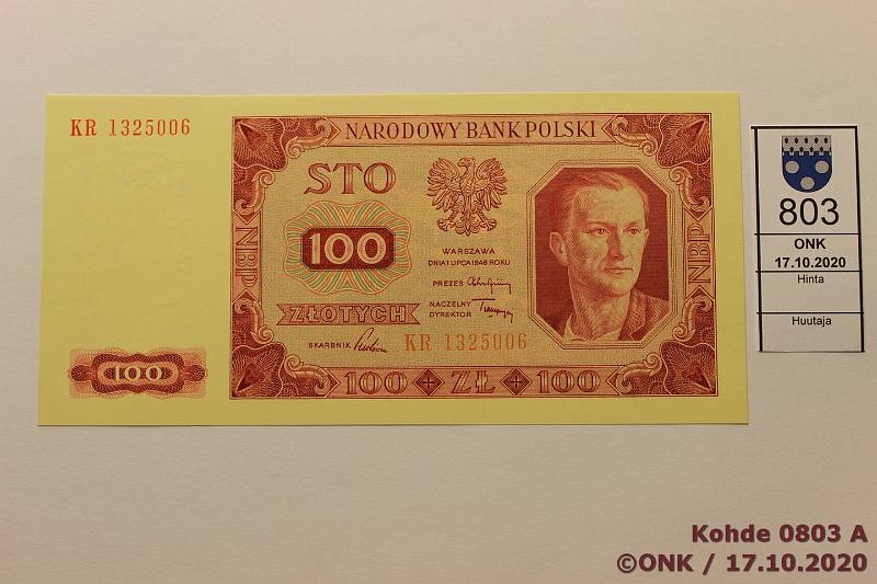 k-0803-a.jpg - Kohde 803 (kuva 1/2), lhthinta: 25 € / myyntihinta: 25 € Puola 100 zloty 1948 P#139a KR 1325006, kunto: 9