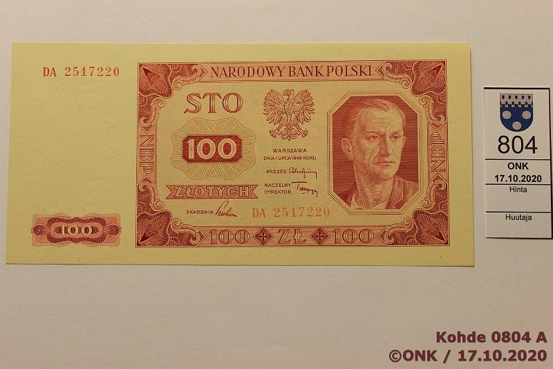 k-0804-a.jpg - Kohde 804, lhthinta: 125 € / ei tarjouksia Puola 100 zloty 1948 P#139a DA 2517220, kunto: 9