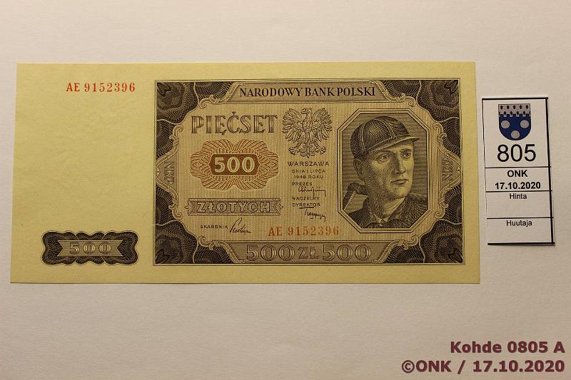 k-0805-a.jpg - Kohde 805 (kuva 1/2), lhthinta: 125 € / myyntihinta: 125 € Puola 500 zloty 1948 P#140 AE 9152396 (Ex Milczak), kunto: 9