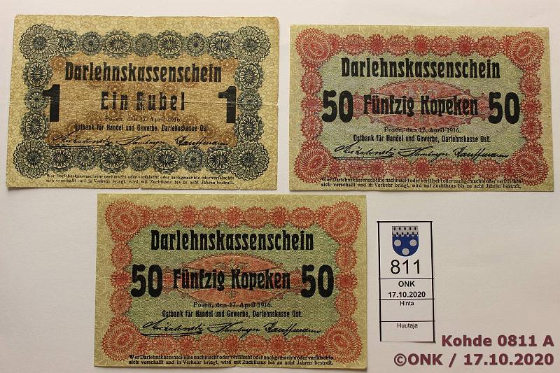 k-0811-a.jpg - Kohde 811 (kuva 1/2), lhthinta: 5 € / myyntihinta: 11 € Saksa 50 kop + 1 rpl (3) 1916 P#R121-2 50k(2), 1r, Posen, miehitysseteleit, kunto: 5, 7, 3