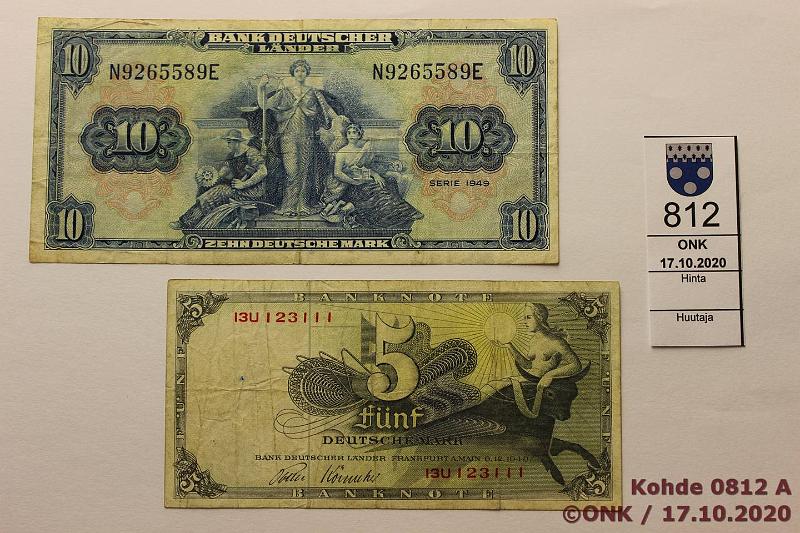 k-0812-a.jpg - Kohde 812, lhthinta: 25 € / myyntihinta: 26 € Saksa 5 + 10 dm 1948, -49 P#13e, 16a 5mk 1948 (rissi), 10mk 1949, kunto: 4