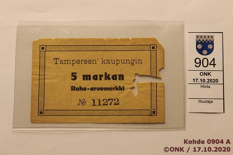 k-0904-a.jpg - Kohde 904 (kuva 1/2), lhthinta: 55 € / myyntihinta: 55 € 5 mk 1918 Pasanen#71a Tampereen kaupungin raha-arvomerkki n:o 11272, paloja puuttuu, harvinainen!, kunto: 3