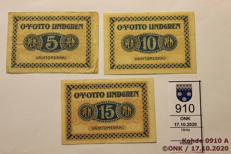 k-0910-a.jpg - Kohde 910, lhthinta: 35 € / myyntihinta: 37 € 5 - 15 p (3) 1918 Pasanen#104 Oy Otto Lindgren 5, 10 ja 15p, kunto: 3-5