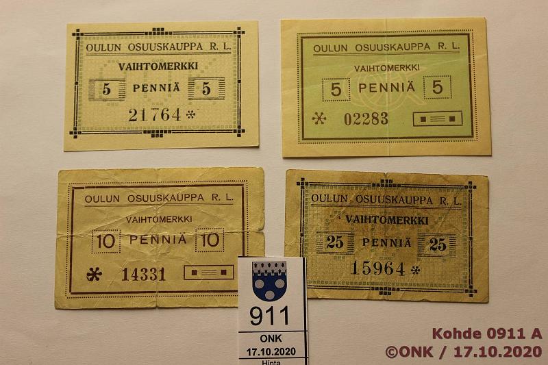 k-0911-a.jpg - Kohde 911, lhthinta: 35 € / myyntihinta: 94 € 5 - 25 p (4) 1918 Pasanen#114 Oulun Osuuskauppa R.L. vaihtomerkit 5p 21764 ja 02283, 10p 14331 ja 25p 15964, kunto: 9, 8, 3, 3