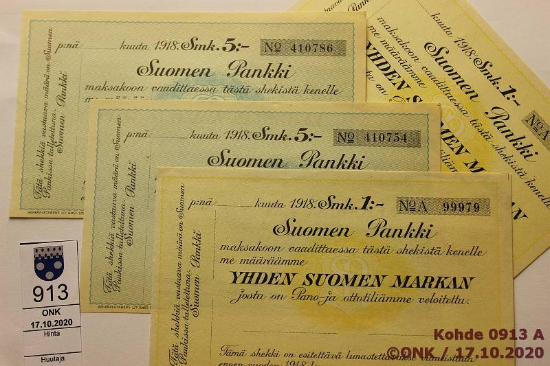 k-0913-a.jpg - Kohde 913, lhthinta: 5 € / myyntihinta: 5 € Sekki (4) 1918 Suomen Pankki, 1mk(2), 5mk(2), kunto: 9