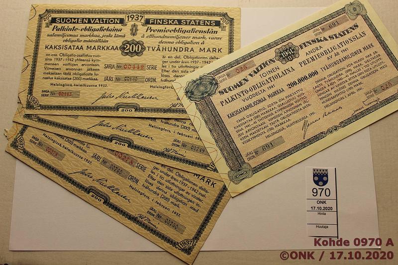 k-0970-a.jpg - Kohde 970, lhthinta: 5 € / myyntihinta: 5 € Suomen valtion palkinto-obligaatiolaina (4) 1937-1941 1937 3 kpl 200mk. Kaikissa nurkassa pieni repisyjlki. 1941 200mk, kunto: 7-8