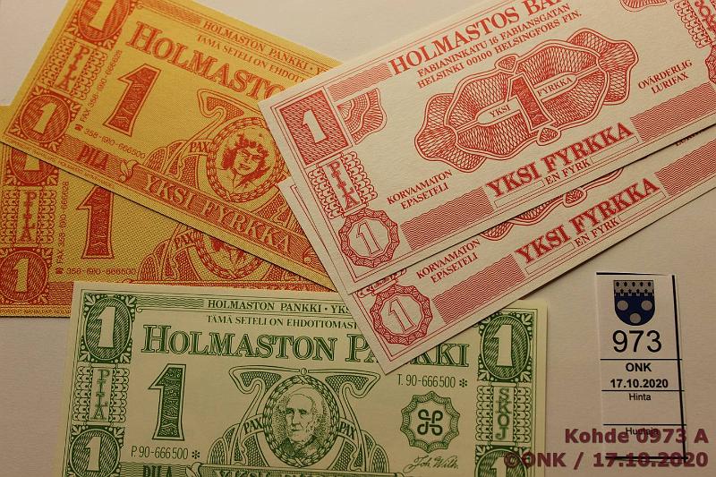 k-0973-a.jpg - Kohde 973, lhthinta: 5 € / myyntihinta: 5 € Holmaston pankki (5) Yksi fyrkka -mainosseteleit 5 kpl, 3 erilaista mallia, kunto: 9