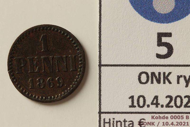 k-0005-b.jpg - Kohde 5 (kuva 2/2), lhthinta: 35 € / myyntihinta: 35 € 1 p 1869 SNY 5.1, kaunis patina!, kunto: 7