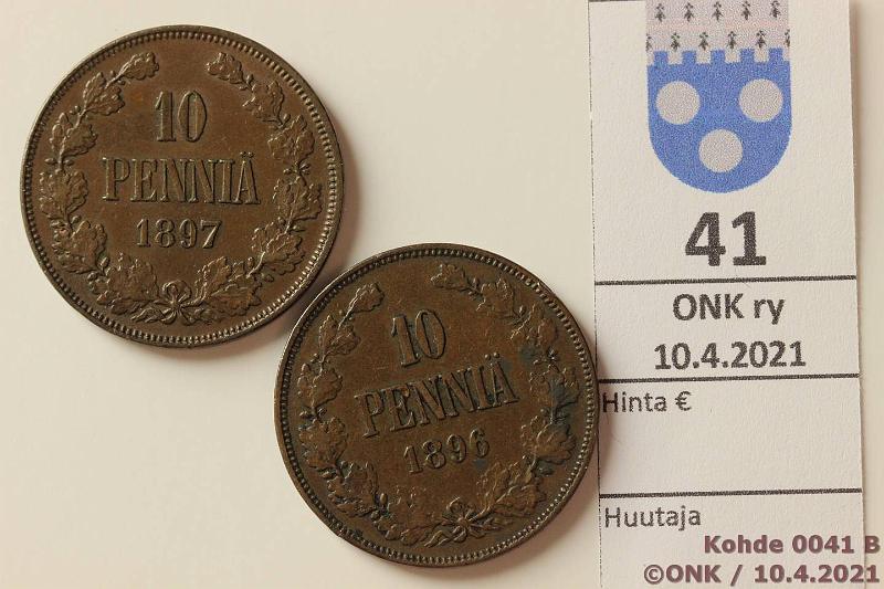 k-0041-b.jpg - Kohde 41 (kuva 2/2), lhthinta: 10 € / myyntihinta: 14 € 10 p 1896, -97 1896 6 vinossa, hpja, eprvja, 1897 siisti, kunto: 4, 5