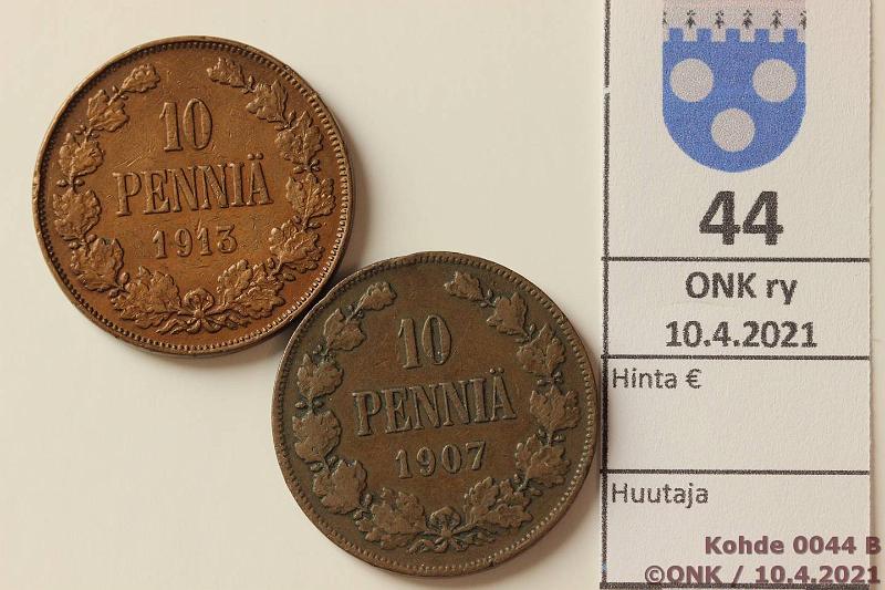 k-0044-b.jpg - Kohde 44 (kuva 2/2), lhthinta: 5 € / ei tarjouksia 10 p 1907, -13 1907 rvja, 1913 eprvja, kunto: 3, 4/5