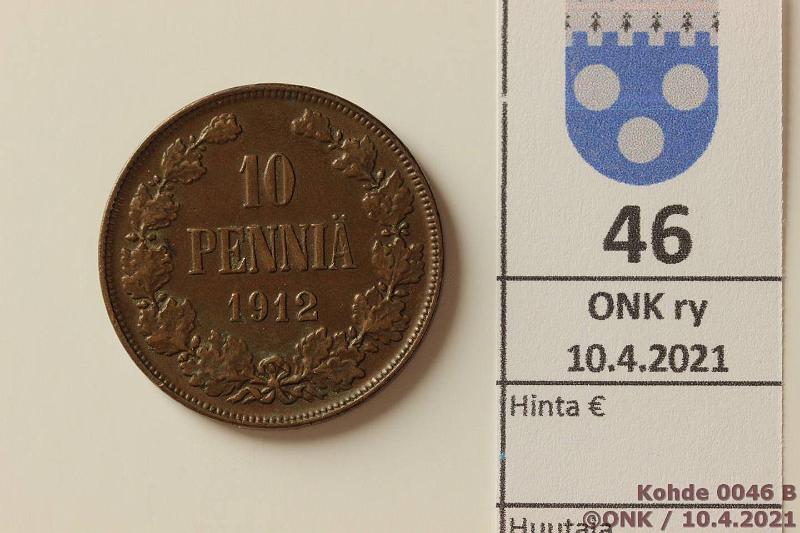 k-0046-b.jpg - Kohde 46 (kuva 2/2), lhthinta: 5 € / myyntihinta: 5 € 10 p 1912 Siisti kansiokappale, kunto: 5