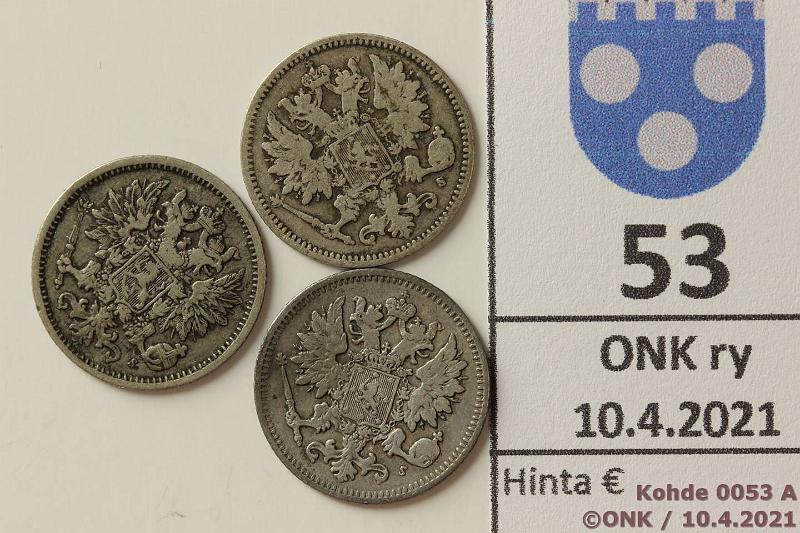 k-0053-a.jpg - Kohde 53 (kuva 1/2), lhthinta: 15 € / myyntihinta: 17 € 25 p 1872, -73, -75 Ag, SNY 271.1, 272, 273.1, kunto: 4, 5, 4