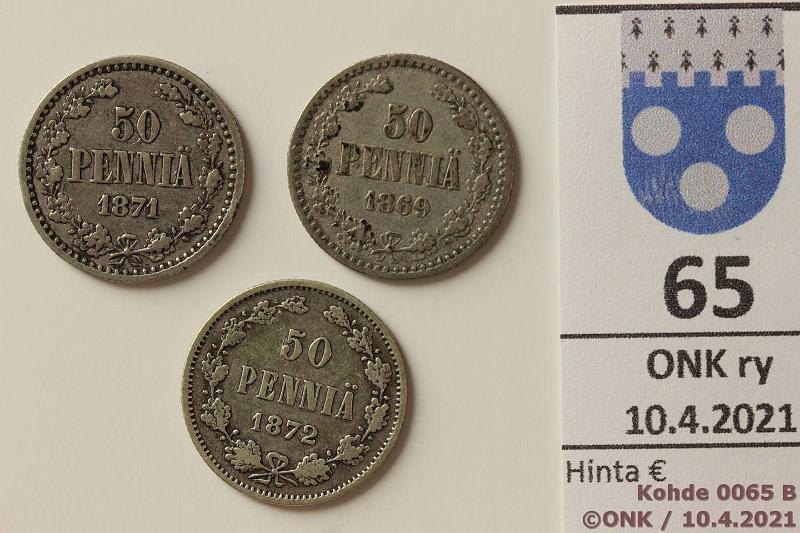 k-0065-b.jpg - Kohde 65 (kuva 2/2), lhthinta: 20 € / myyntihinta: 22 € 50 p 1869, -71, -72 Ag, SNY 319, 320.1, 321.1, kunto: 3-4